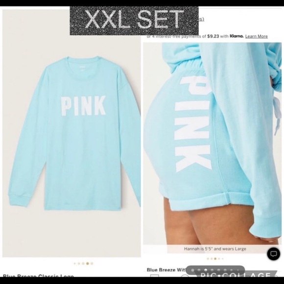 PINK boyfriend shorts campus long sleeve tee blue breezes classic logo sz xxl
